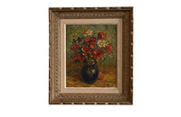 Mid-20th Century French still life painting of poppies and wildflowers in a vase and in a carved frame of the period signed V.Cuguen - vintage oil paintings