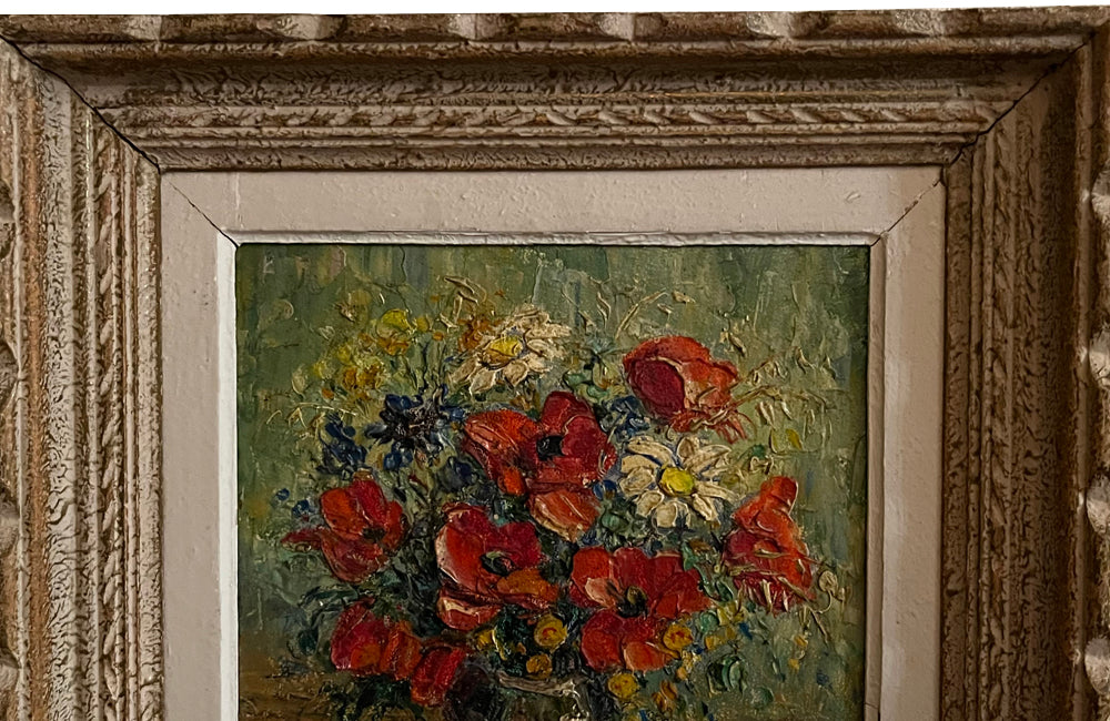 Mid-20th Century French still life painting of poppies and wildflowers in a vase and in a carved frame of the period signed V.Cuguen - vintage oil paintings