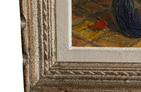 Mid-20th Century French still life painting of poppies and wildflowers in a vase and in a carved frame of the period signed V.Cuguen - vintage oil paintings