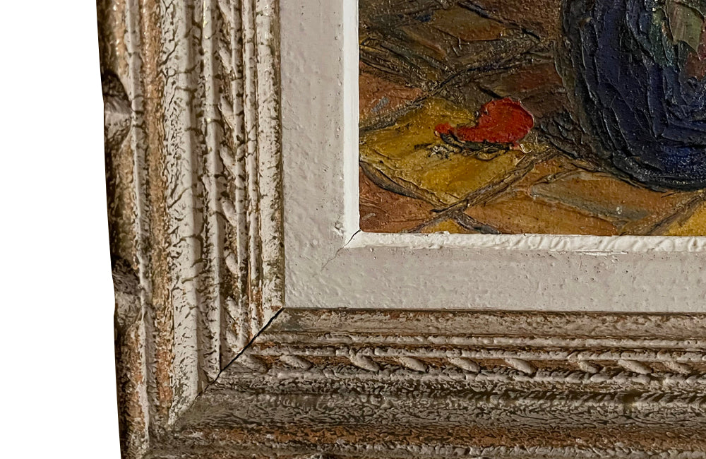 Mid-20th Century French still life painting of poppies and wildflowers in a vase and in a carved frame of the period signed V.Cuguen - vintage oil paintings