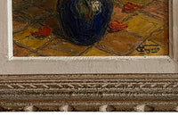 Mid-20th Century French still life painting of poppies and wildflowers in a vase and in a carved frame of the period signed V.Cuguen - vintage oil paintings