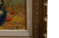 Mid-20th Century French still life painting of poppies and wildflowers in a vase and in a carved frame of the period signed V.Cuguen - vintage oil paintings