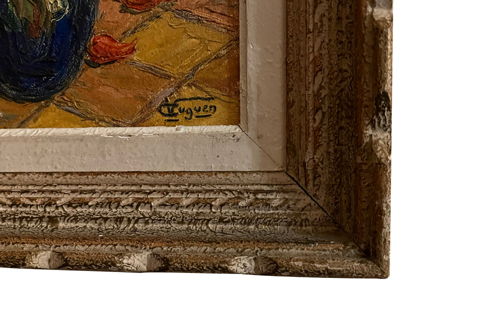 Mid-20th Century French still life painting of poppies and wildflowers in a vase and in a carved frame of the period signed V.Cuguen - vintage oil paintings