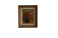 Mid-20th Century French still life painting of poppies and wildflowers in a vase and in a carved frame of the period signed V.Cuguen - vintage oil paintings