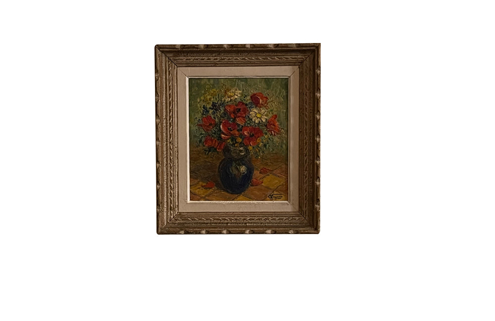 Mid-20th Century French still life painting of poppies and wildflowers in a vase and in a carved frame of the period signed V.Cuguen - vintage oil paintings