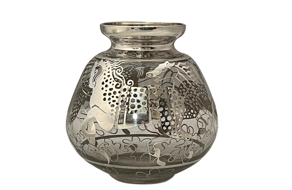 Beautiful mid century glass vase with silver overlay by the renown French glass makers Saint Graal.
