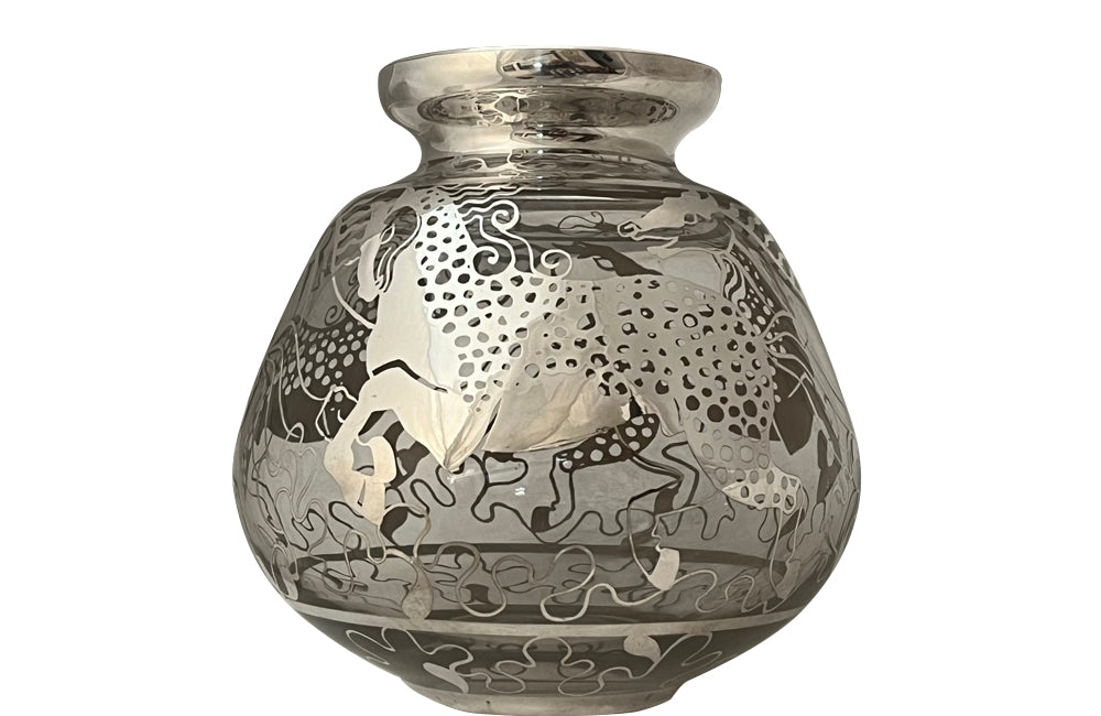 Beautiful mid century glass vase with silver overlay by the renown French glass makers Saint Graal.
