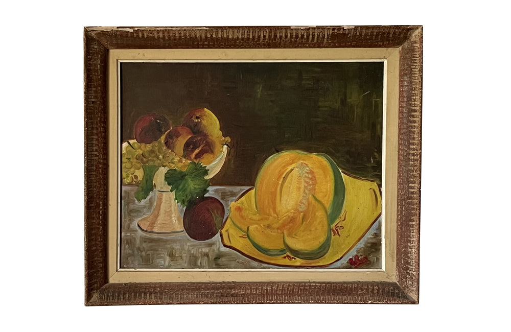 Modernist still life painting of a cut open melon on yellow dish with peaches and grapes on a creamware compote