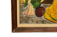 Modernist still life painting of a cut open melon on yellow dish with peaches and grapes on a creamware compote
