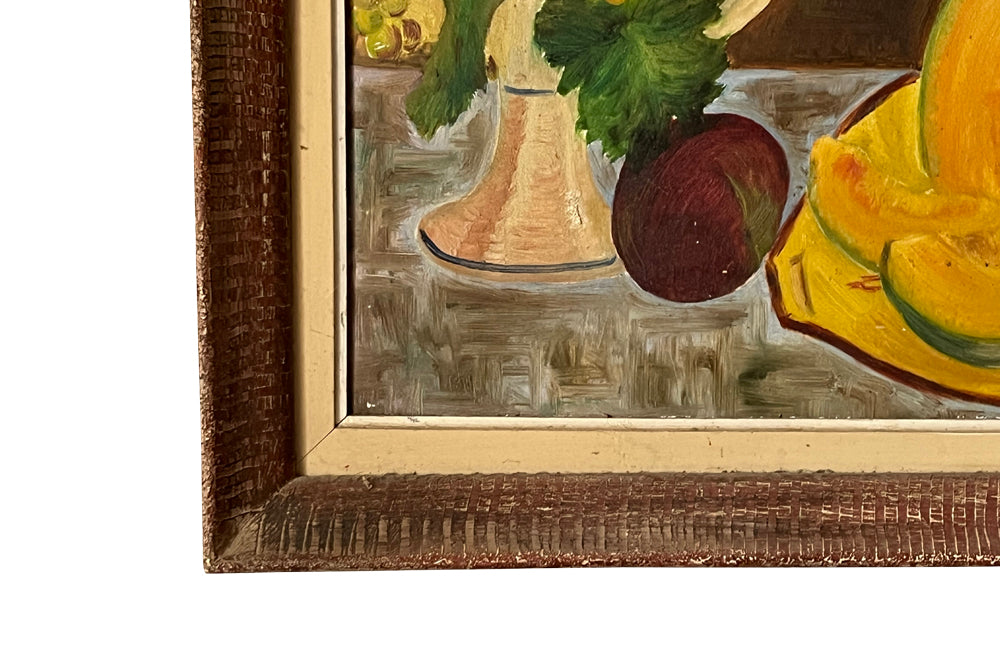 Modernist still life painting of a cut open melon on yellow dish with peaches and grapes on a creamware compote