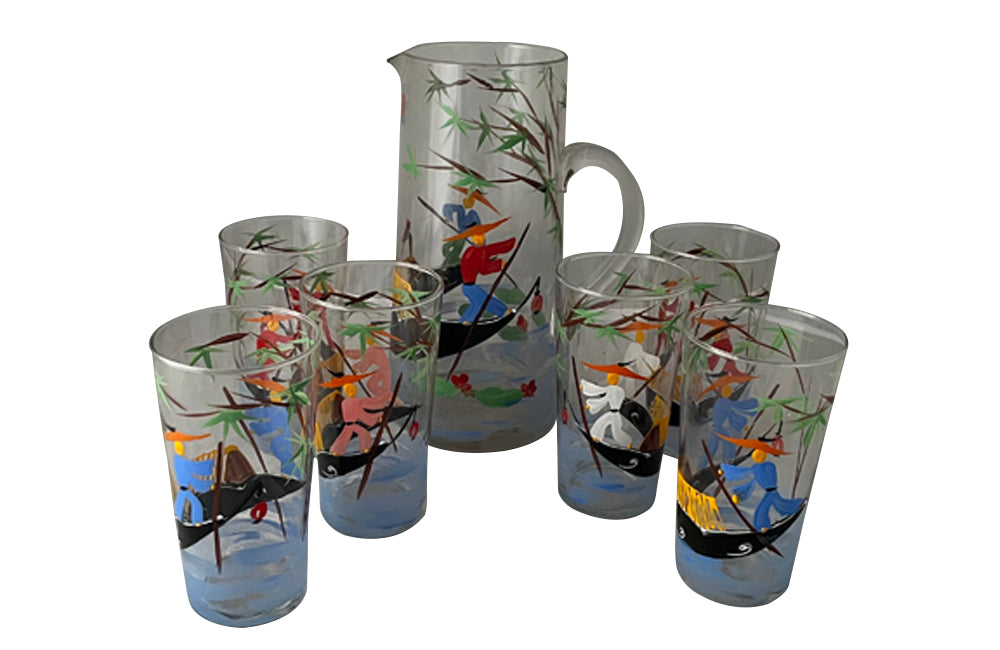 Fabulous, vintage, drink service comprising a pitcher and six tall glasses by Monte Carlo glassware.