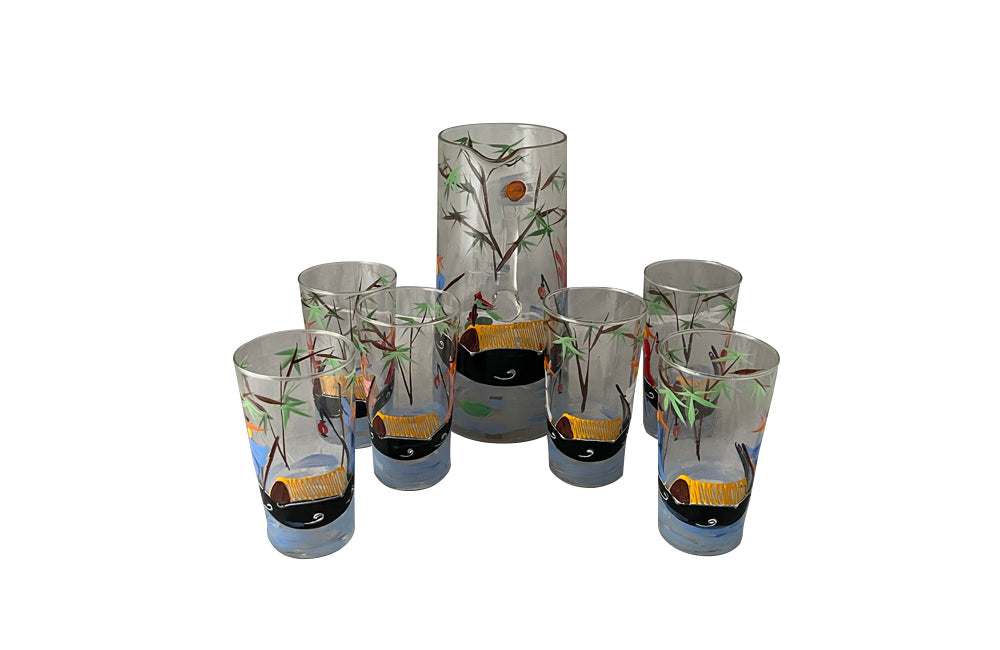 Fabulous, vintage, drink service comprising a pitcher and six tall glasses by Monte Carlo glassware.