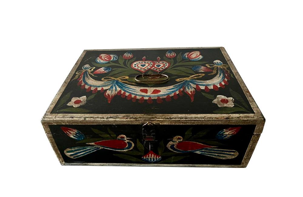 Charming, 19th century small painted Normandy marriage coffer.