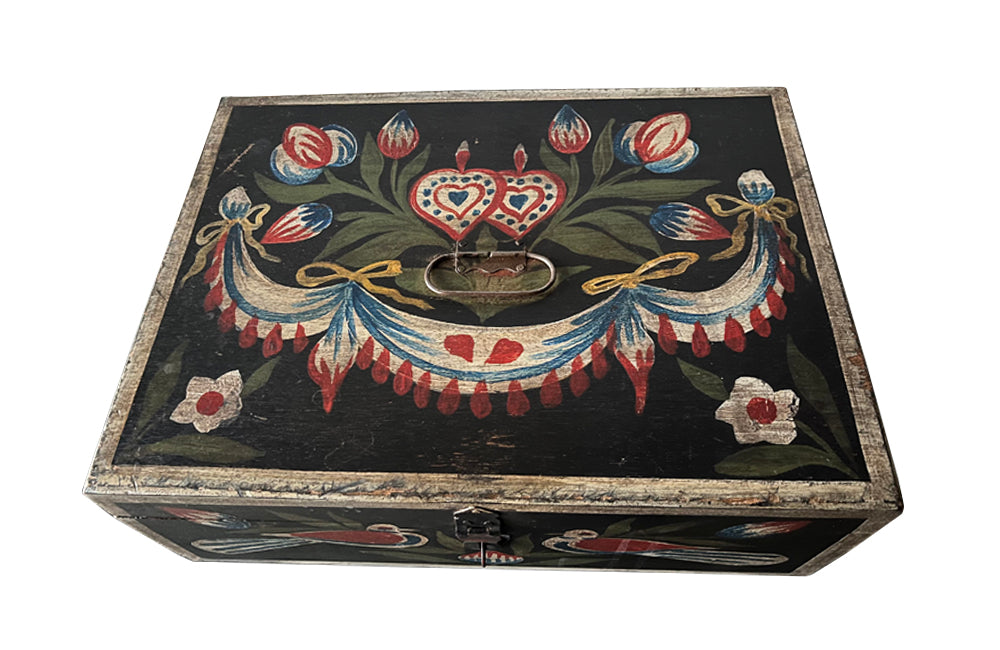 Charming, 19th century small painted Normandy marriage coffer.