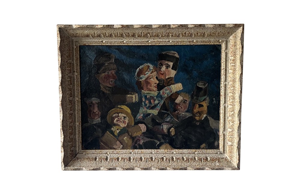 Framed oil painting of a group of French puppets known as Guignols.