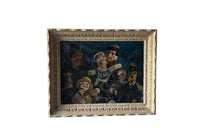 Framed oil painting of a group of French puppets known as Guignols.