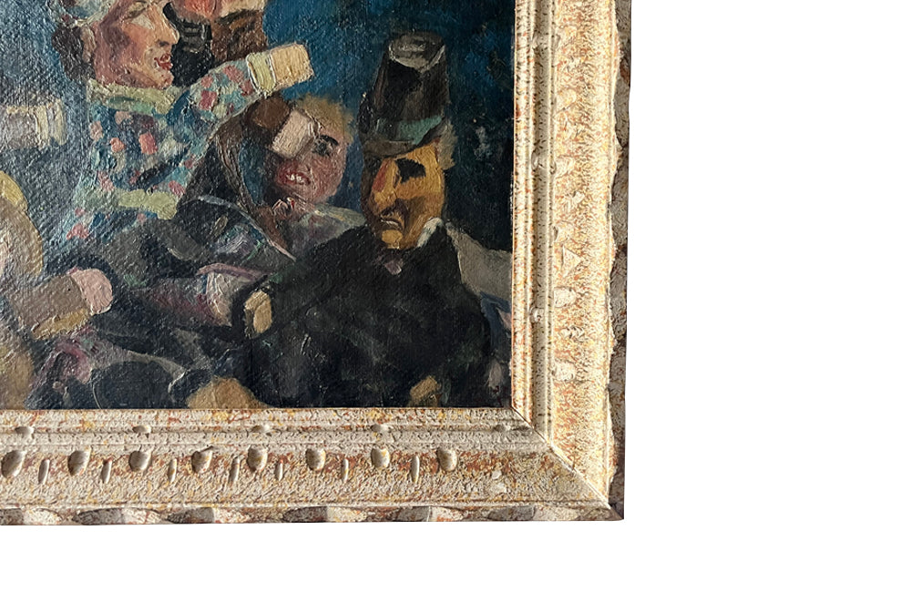 Framed oil painting of a group of French puppets known as Guignols.