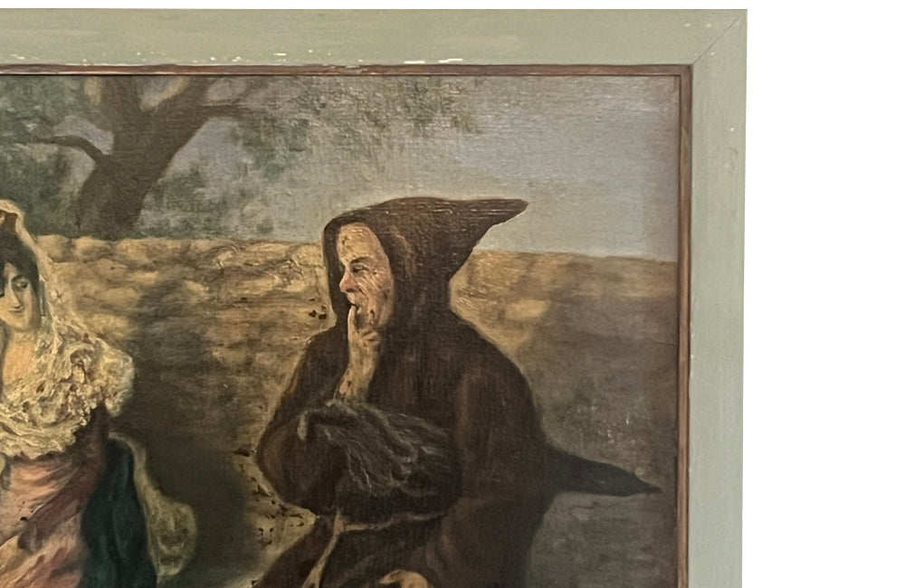 Early 20th century amusing oil on wood painting of a coy monk and Spanish lady. 