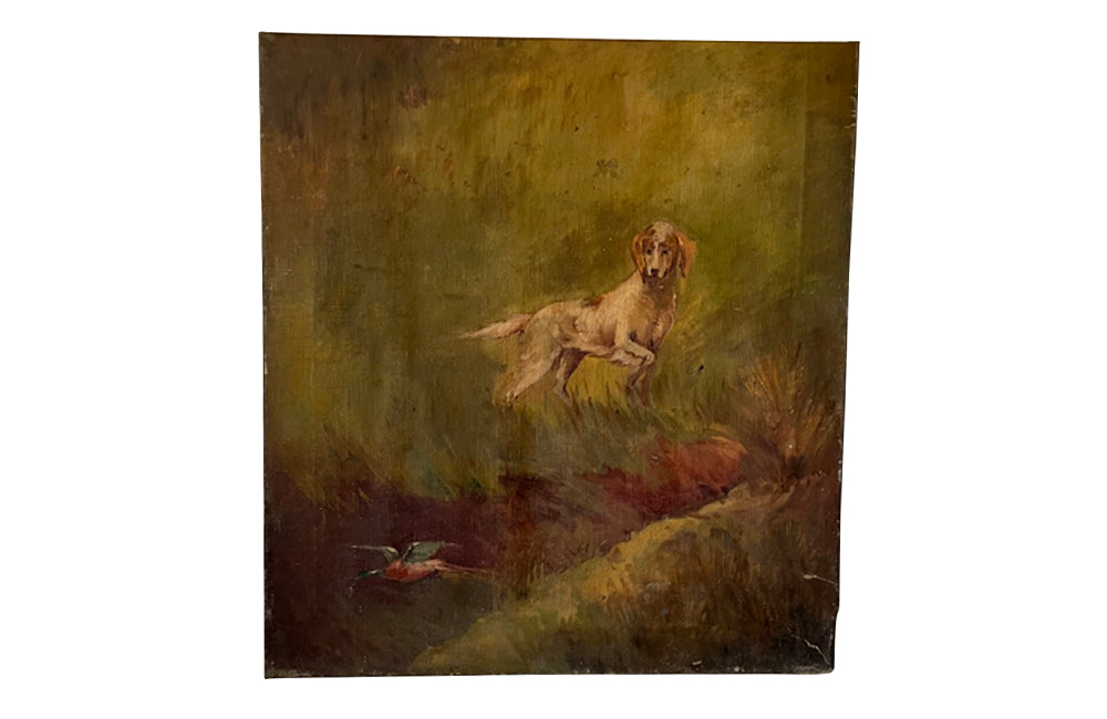 19th century oil on canvas painting depicting a hound flushing out a duck from reeds.