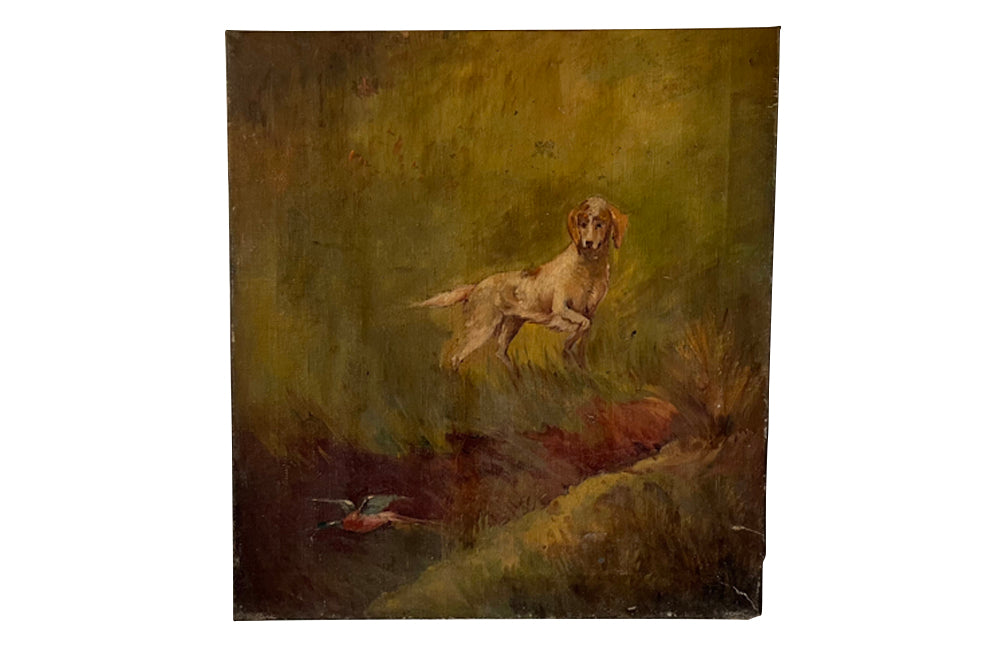 19th century oil on canvas painting depicting a hound flushing out a duck from reeds.