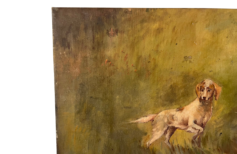 19th century oil on canvas painting depicting a hound flushing out a duck from reeds.