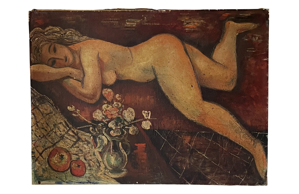 20th Century unframed oil on canvas painting of a reclining serene female nude with a vase of flowers and fruit.