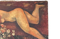 20th Century unframed oil on canvas painting of a reclining serene female nude with a vase of flowers and fruit.