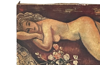 20th Century unframed oil on canvas painting of a reclining serene female nude with a vase of flowers and fruit.