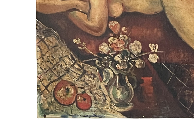 20th Century unframed oil on canvas painting of a reclining serene female nude with a vase of flowers and fruit. 