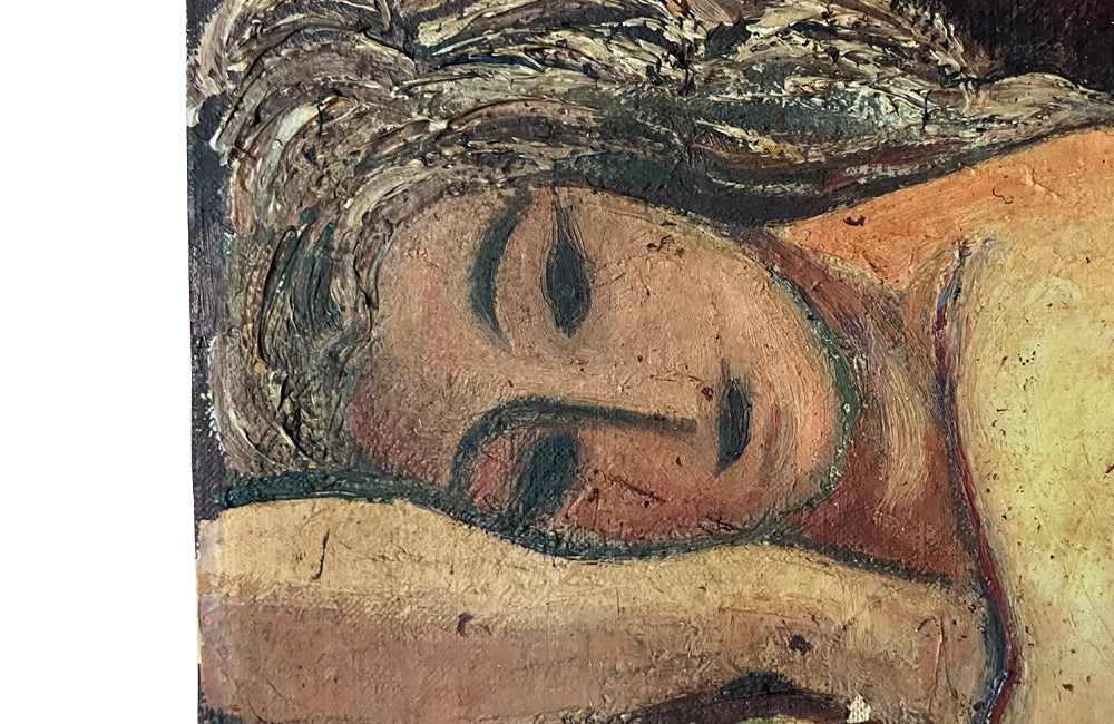 20th Century unframed oil on canvas painting of a reclining serene female nude with a vase of flowers and fruit.