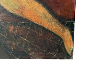 20th Century unframed oil on canvas painting of a reclining serene female nude with a vase of flowers and fruit.