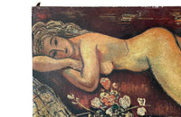20th Century unframed oil on canvas painting of a reclining serene female nude with a vase of flowers and fruit.