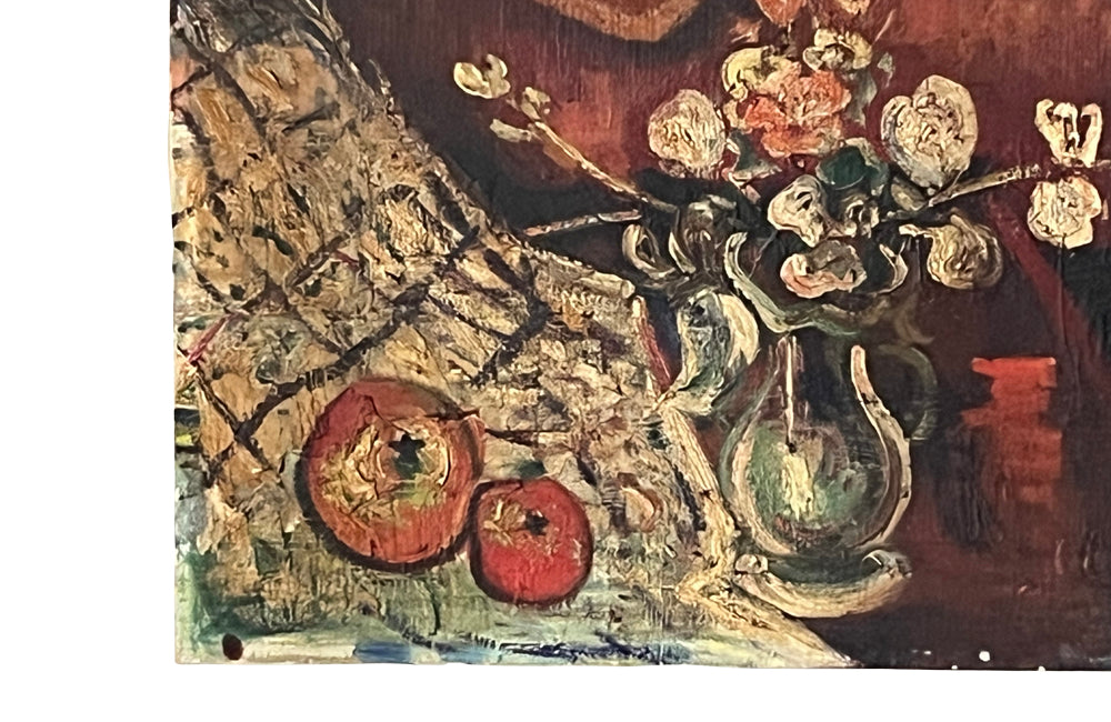 20th Century unframed oil on canvas painting of a reclining serene female nude with a vase of flowers and fruit.