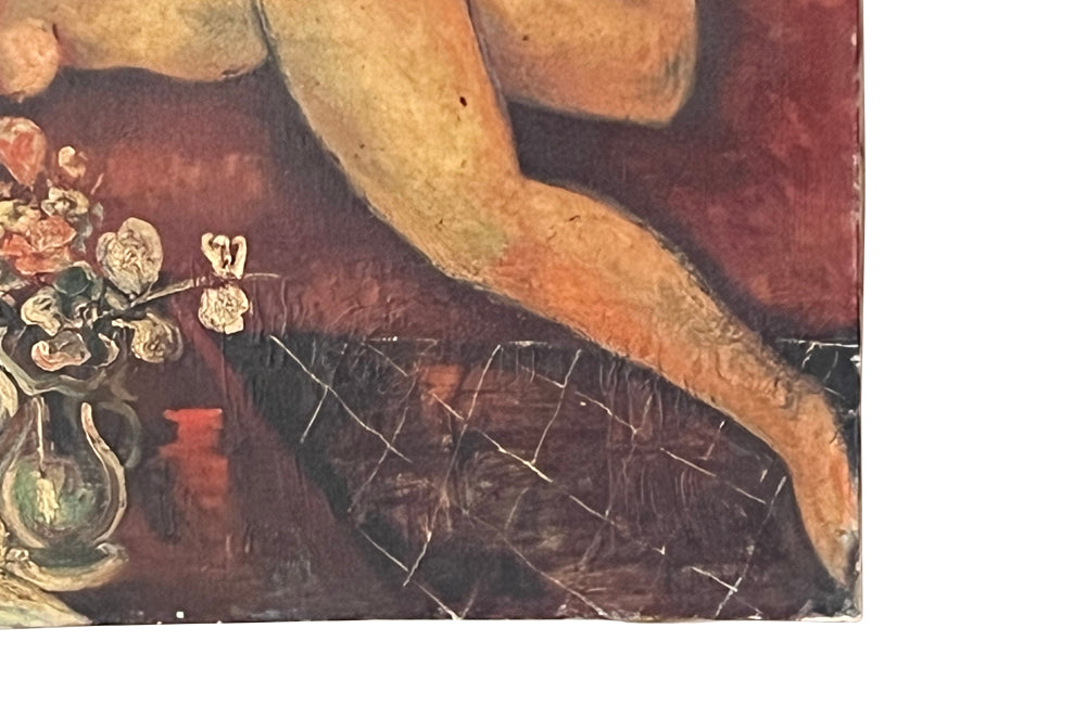 20th Century unframed oil on canvas painting of a reclining serene female nude with a vase of flowers and fruit.