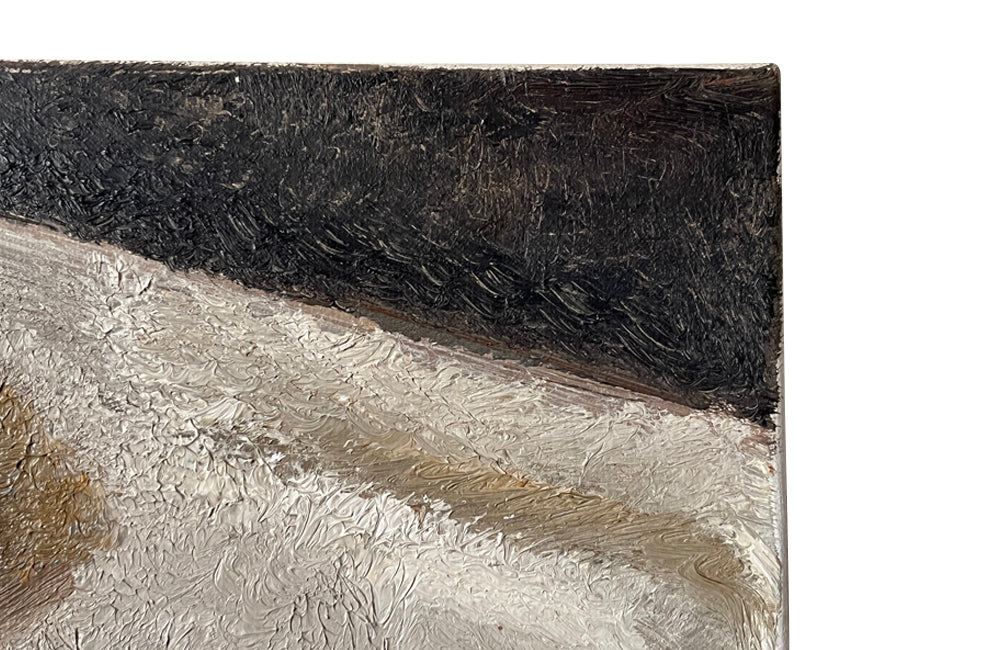 Oil on canvas still life painting featuring a bowl, eggs, pumpkin, squash, turnips, plum and a walnut by Chalus - French Antiques