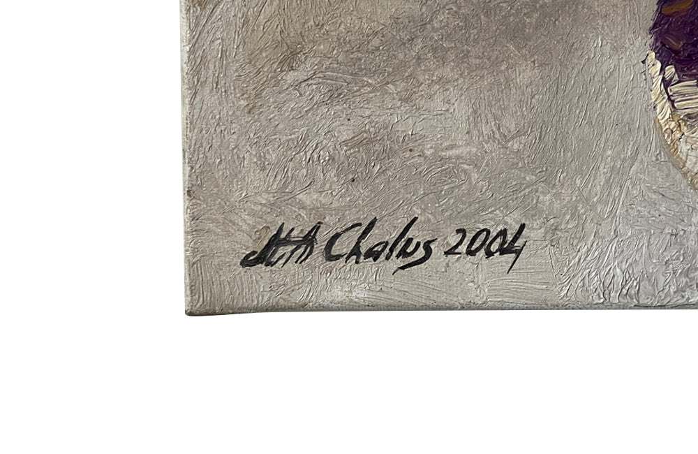 Oil on canvas still life painting featuring a bowl, eggs, pumpkin, squash, turnips, plum and a walnut by Chalus - French Antiques