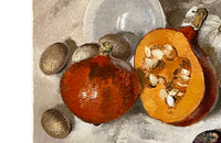 Oil on canvas still life painting featuring a bowl, eggs, pumpkin, squash, turnips, plum and a walnut by Chalus - French Antiques