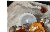 Oil on canvas still life painting featuring a bowl, eggs, pumpkin, squash, turnips, plum and a walnut by Chalus - French Antiques