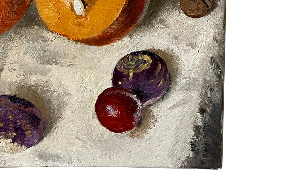 Oil on canvas still life painting featuring a bowl, eggs, pumpkin, squash, turnips, plum and a walnut by Chalus - French Antiques