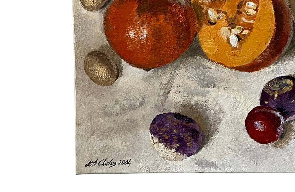 Oil on canvas still life painting featuring a bowl, eggs, pumpkin, squash, turnips, plum and a walnut by Chalus - French Antiques