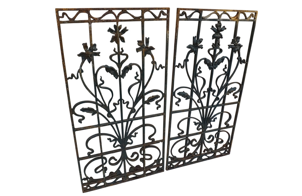 Pair of beautiful 19th century Art Nouveau wrought iron grills decorated with lilies - French Garden Antiques - AD & PS Antiques
