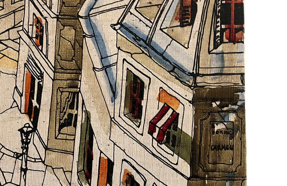 Mid-Century French paint and ink on canvas painting of Montparnasse and the view across to the Eiffel Tower, Paris.