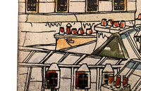 Mid-Century French paint and ink on canvas painting of Montparnasse and the view across to the Eiffel Tower, Paris.