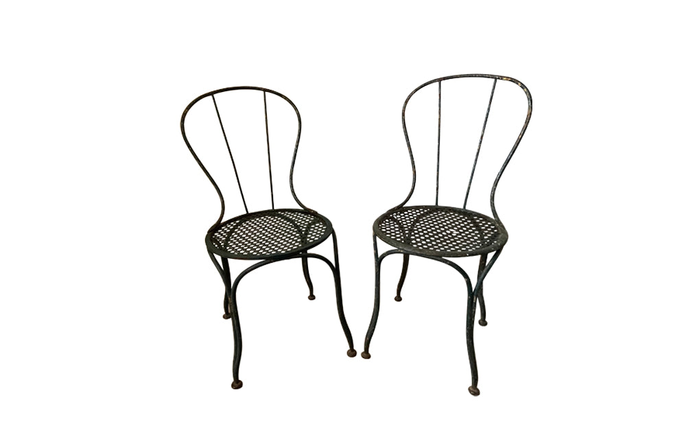 Pair of pretty French iron painted 19th century garden chairs with woven mesh seats - French Garden Antiques - French Antique Chairs - AD & PS Antiques