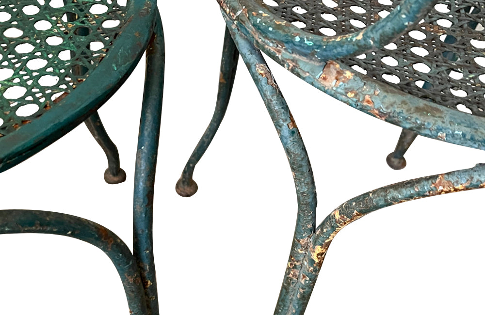 Pair of pretty French iron painted 19th century garden chairs with woven mesh seats - French Garden Antiques - French Antique Chairs - AD & PS Antiques