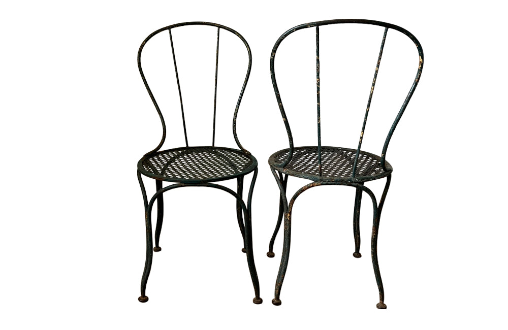 Pair of pretty French iron painted 19th century garden chairs with woven mesh seats - French Garden Antiques - French Antique Chairs - AD & PS Antiques