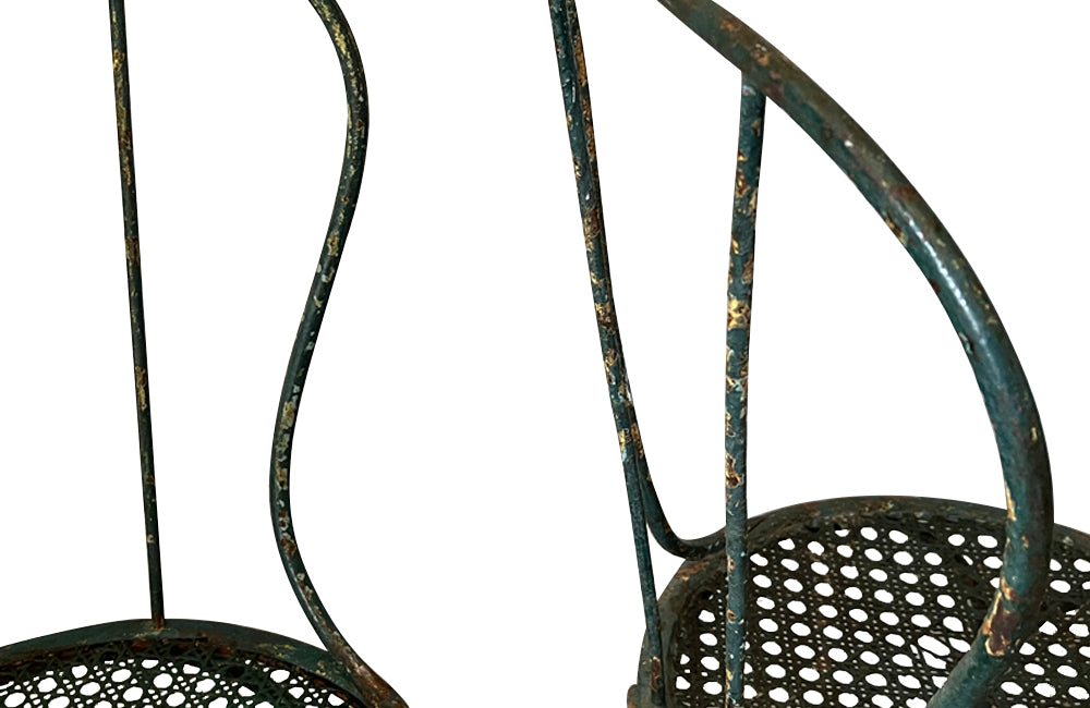 Pair of pretty French iron painted 19th century garden chairs with woven mesh seats - French Garden Antiques - French Antique Chairs - AD & PS Antiques