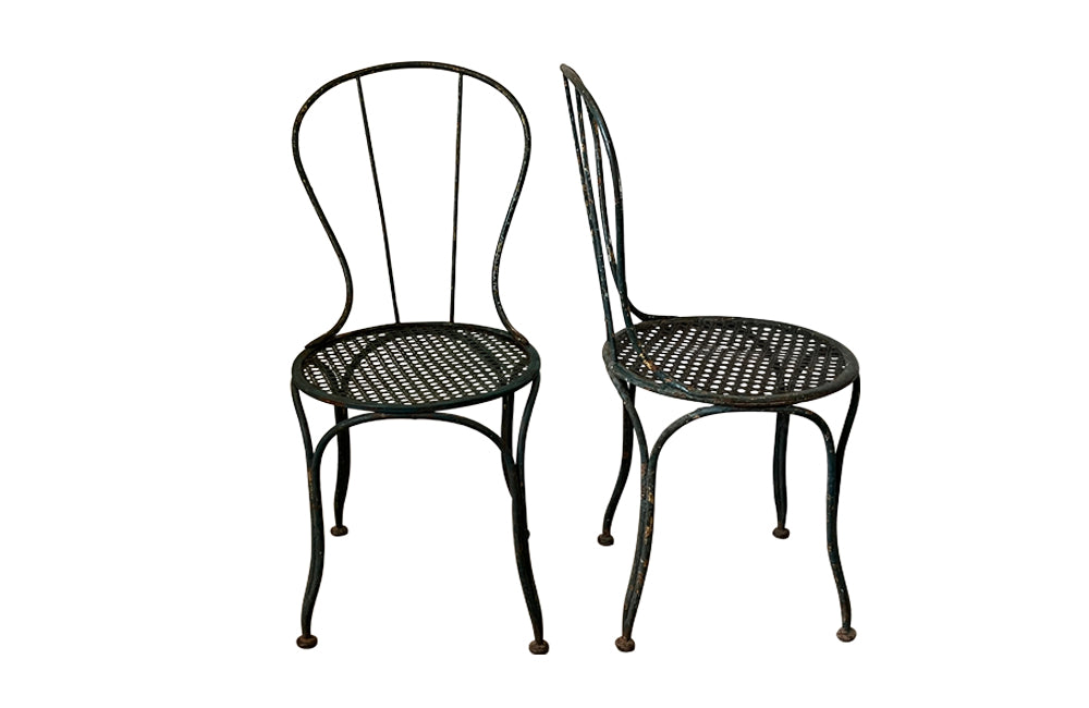 Pair of pretty French iron painted 19th century garden chairs with woven mesh seats - French Garden Antiques - French Antique Chairs - AD & PS Antiques