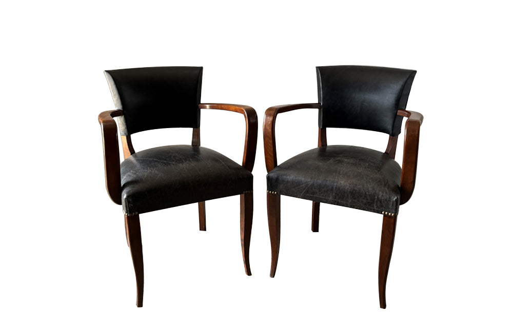 Pair of vintage bridge chairs upholstered in lovely soft black vintage leather
