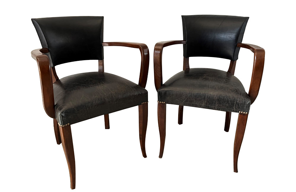 Pair of vintage bridge chairs upholstered in lovely soft black vintage leather